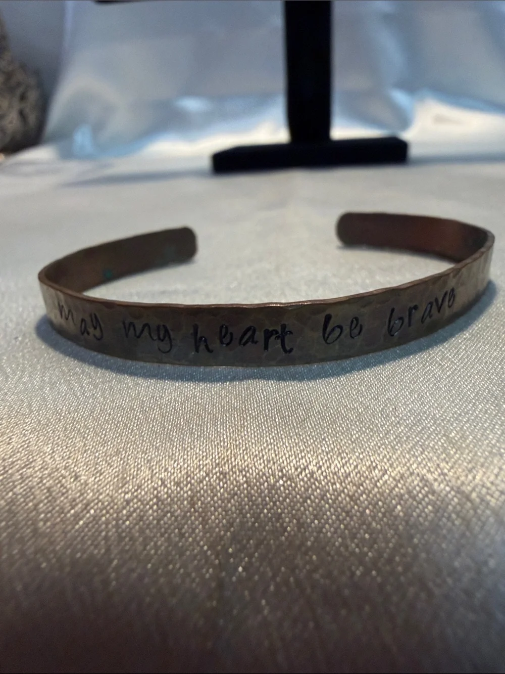 Source Unknown Hammered Copper Tone Cuff Bracelet with Hand-Stamped Message